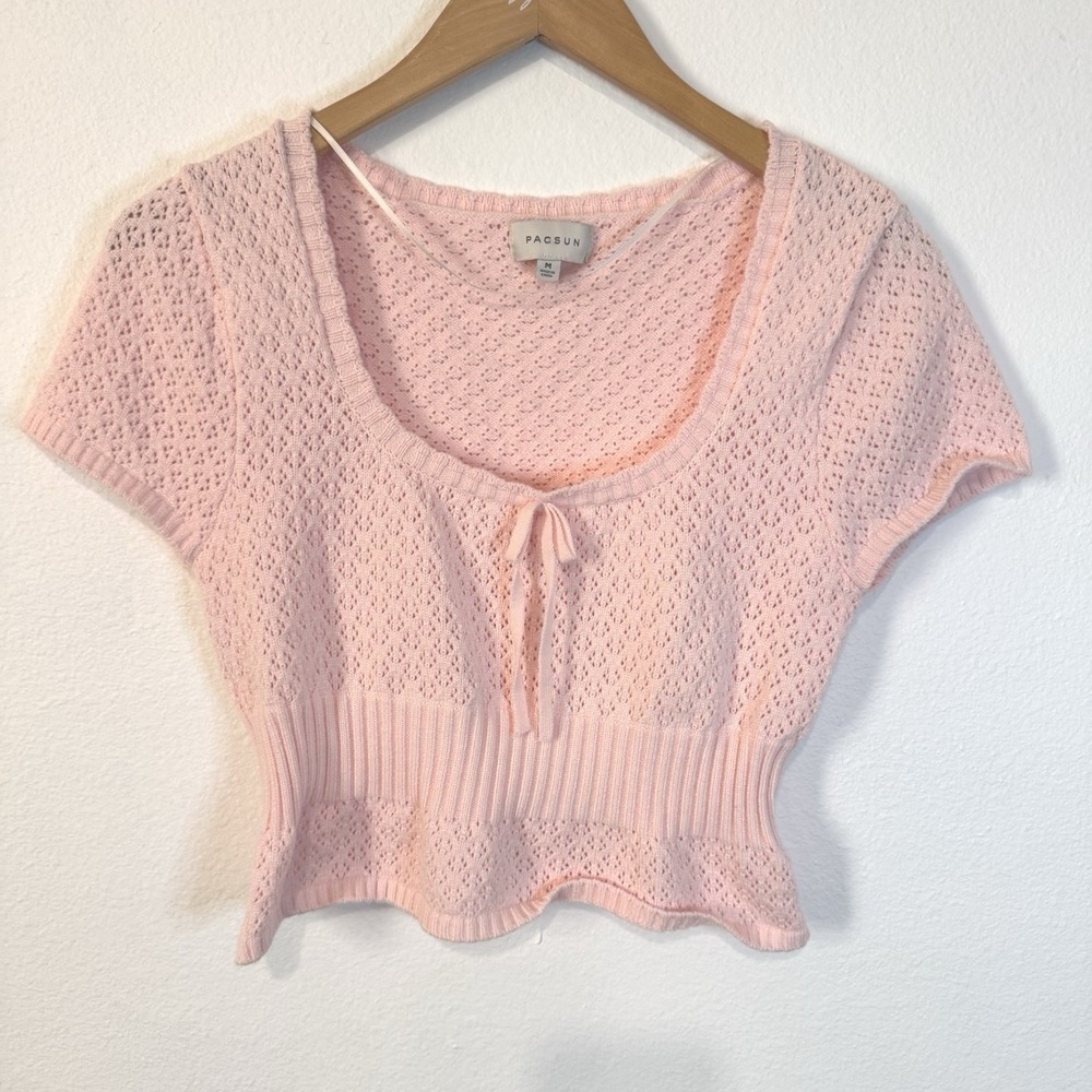 PacSun Women's Milkmaid Peplum Sweater Top Size M Pink Ribbed Waist Coquette